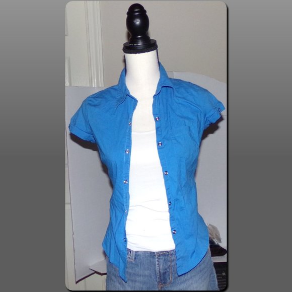 Blue/Button Down/Short Sleeve/Collared Shirt {L4} - Picture 2 of 4